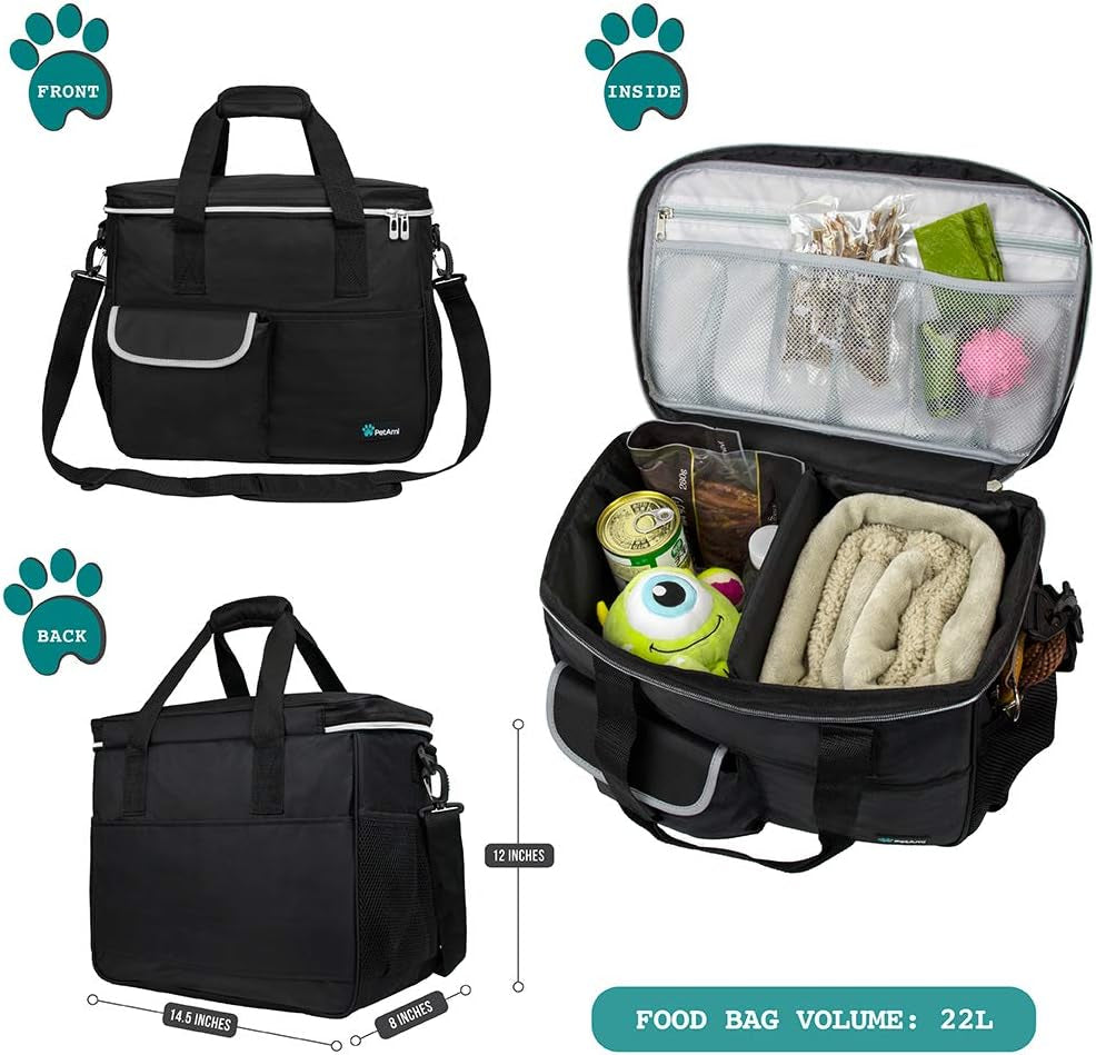 Ultimate Dog Travel Bag Organizer - Black Medium Tote with Food Containers & Collapsible Bowls