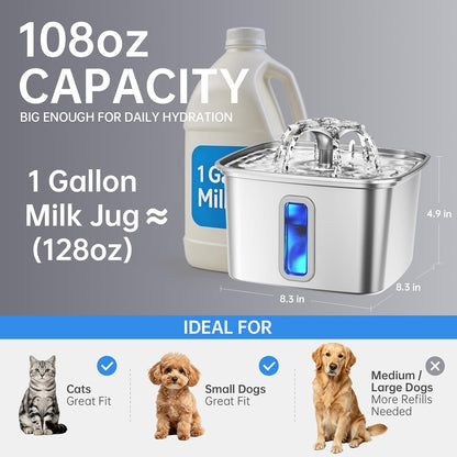 Revolutionary Stainless Steel Pet Fountain - Keep Your Cats and Dogs Hydrated with 108 Oz Capacity!