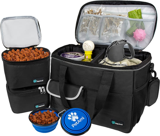 Ultimate Dog Travel Bag Organizer - Black Medium Tote with Food Containers & Collapsible Bowls
