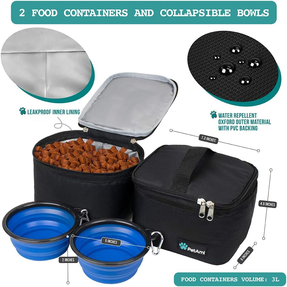 Ultimate Dog Travel Bag Organizer - Black Medium Tote with Food Containers & Collapsible Bowls