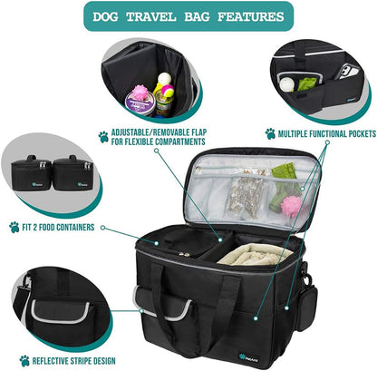 Ultimate Dog Travel Bag Organizer - Black Medium Tote with Food Containers & Collapsible Bowls